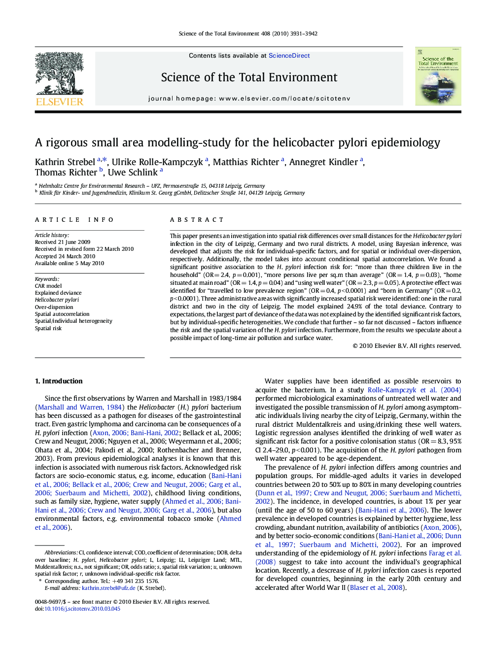 A rigorous small area modelling-study for the helicobacter pylori epidemiology