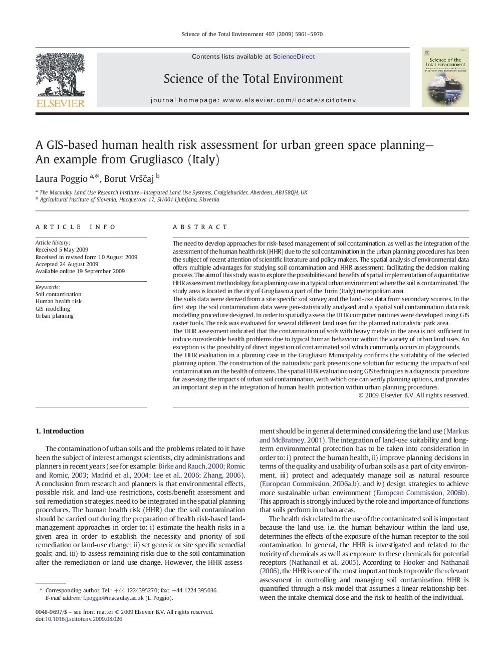 A GIS-based human health risk assessment for urban green space planning—An example from Grugliasco (Italy)