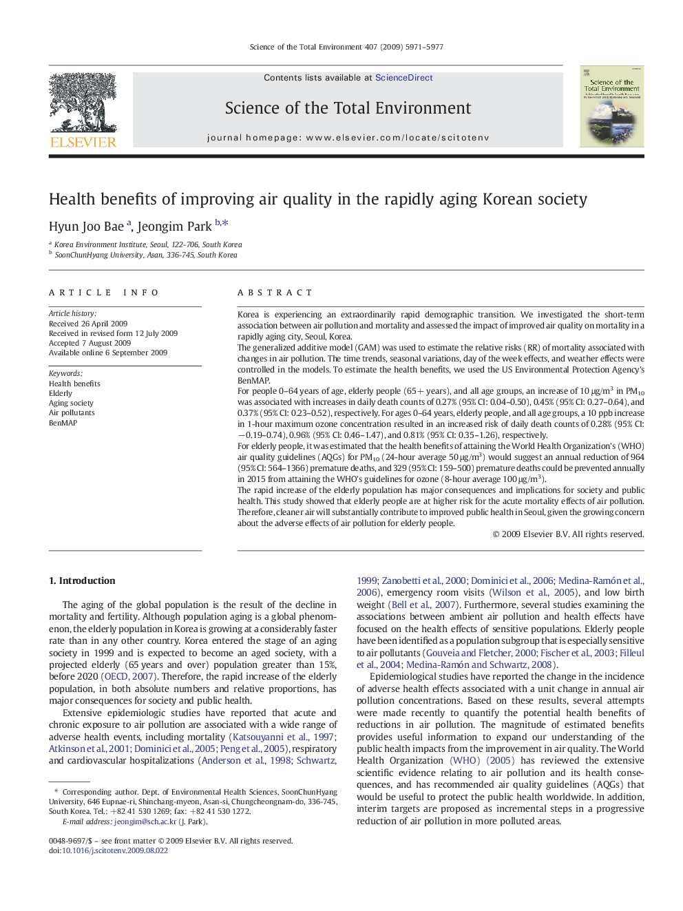 Health benefits of improving air quality in the rapidly aging Korean society