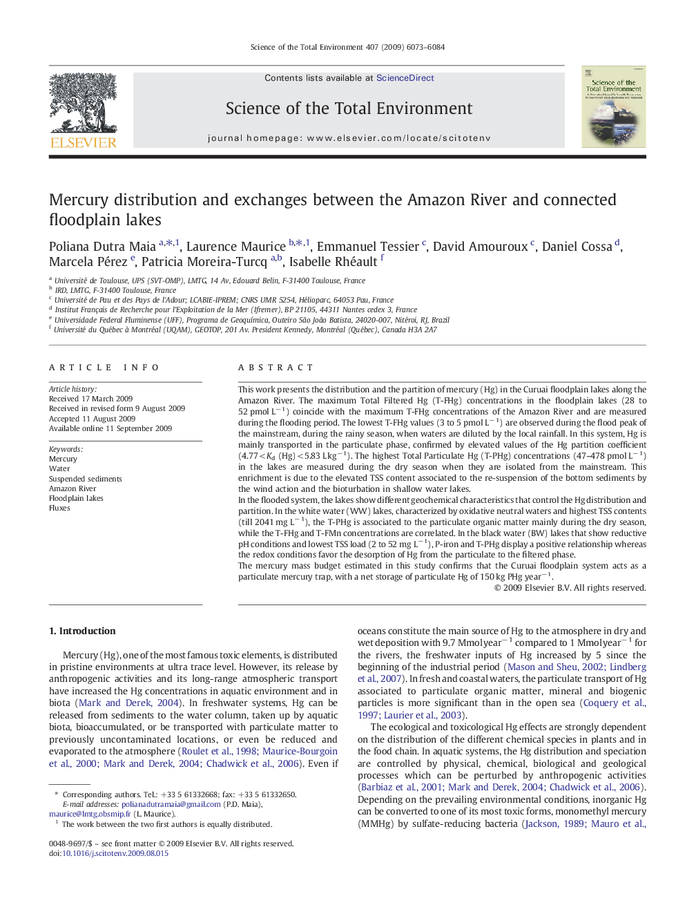 Mercury distribution and exchanges between the Amazon River and connected floodplain lakes