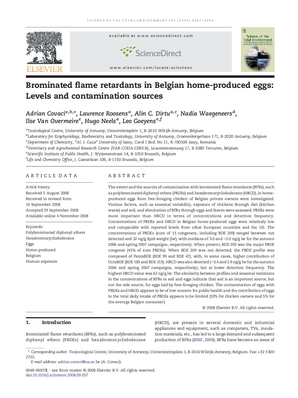 Brominated flame retardants in Belgian home-produced eggs: Levels and contamination sources