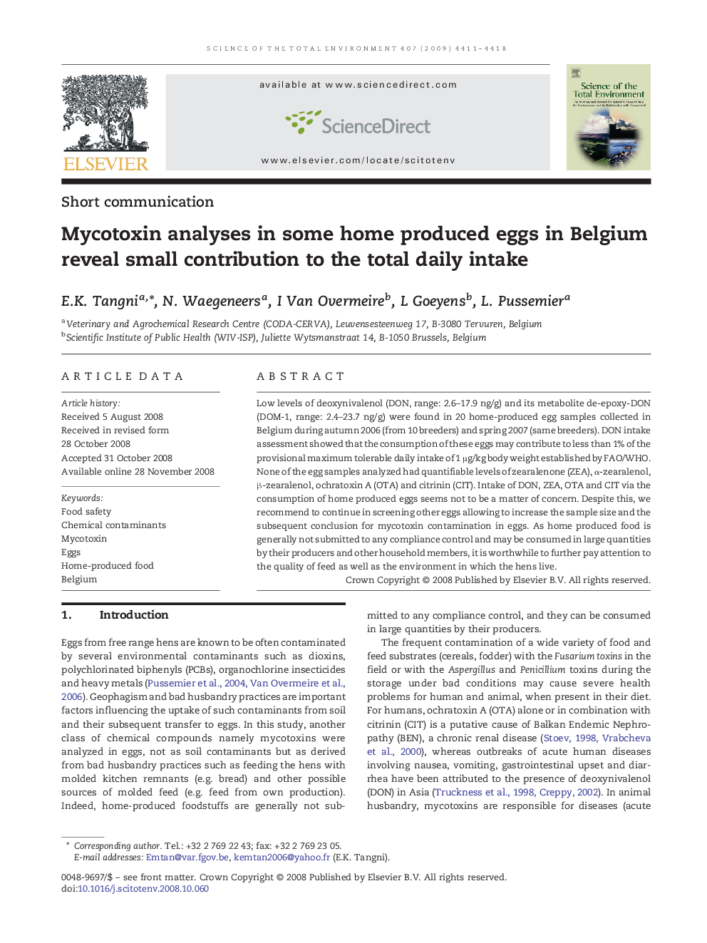 Mycotoxin analyses in some home produced eggs in Belgium reveal small contribution to the total daily intake