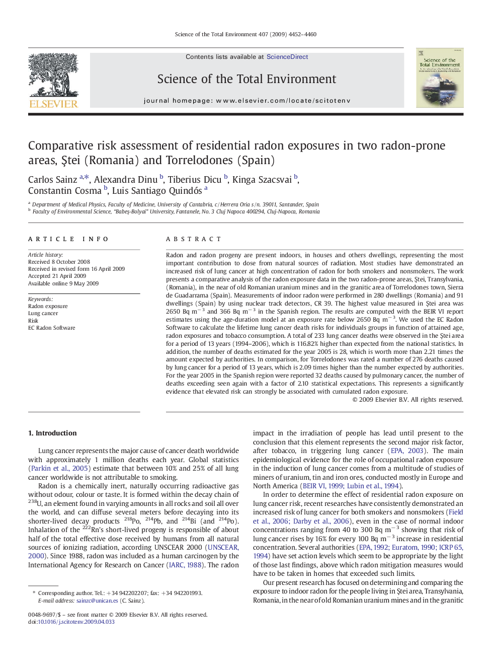 Comparative risk assessment of residential radon exposures in two radon-prone areas, Ştei (Romania) and Torrelodones (Spain)