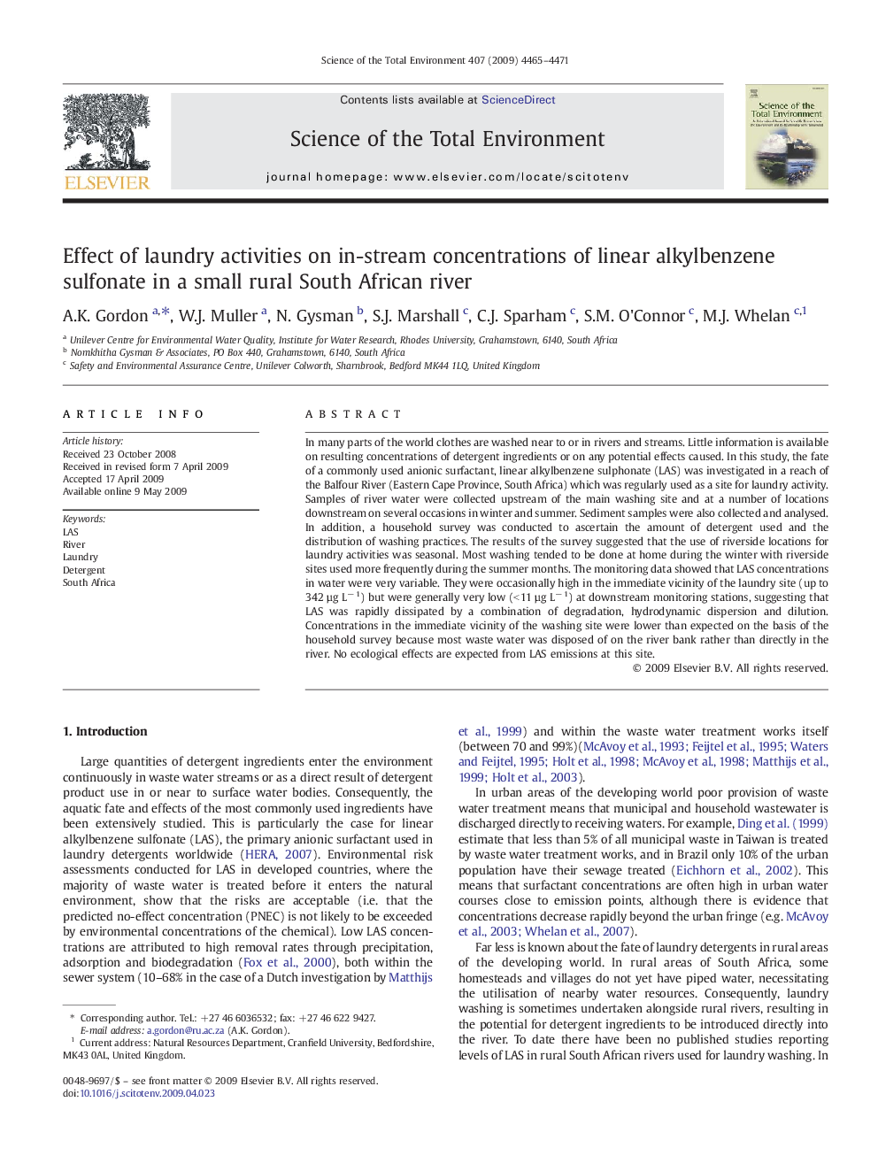 Effect of laundry activities on in-stream concentrations of linear alkylbenzene sulfonate in a small rural South African river