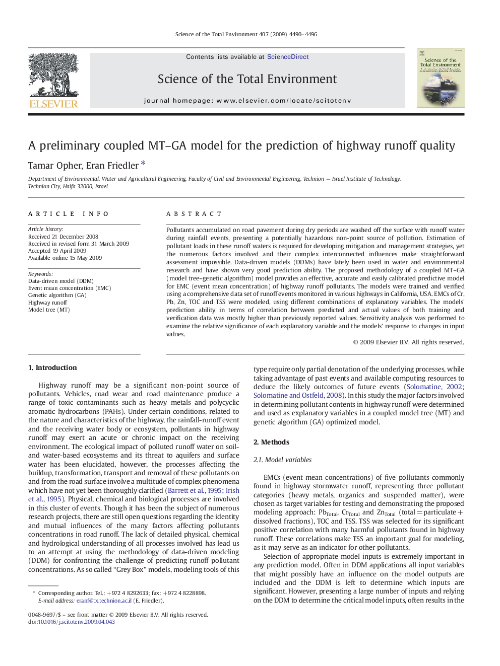 A preliminary coupled MT–GA model for the prediction of highway runoff quality