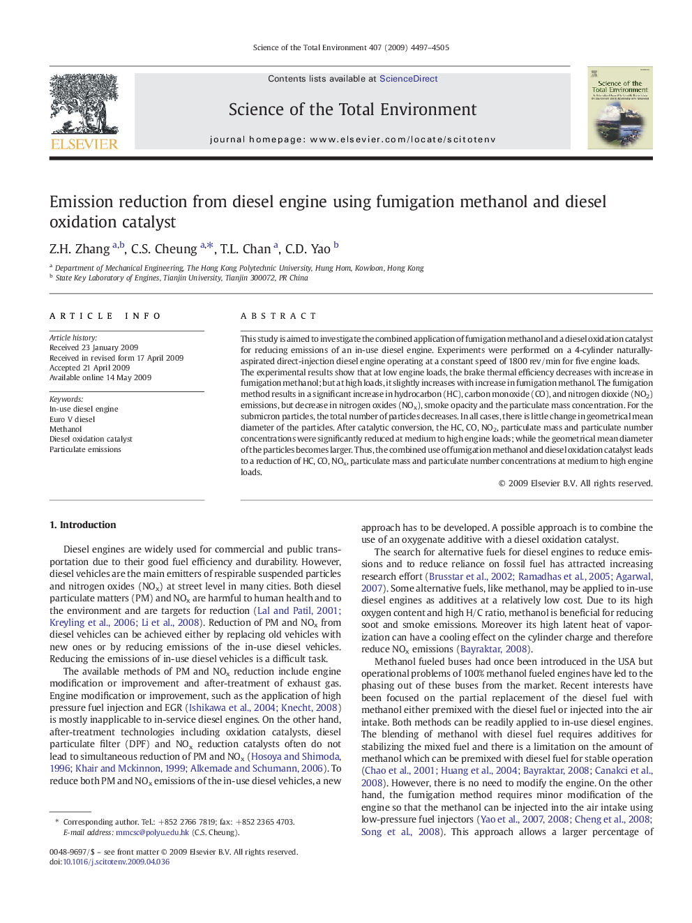 Emission reduction from diesel engine using fumigation methanol and diesel oxidation catalyst