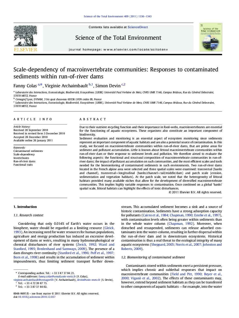 Scale-dependency of macroinvertebrate communities: Responses to contaminated sediments within run-of-river dams