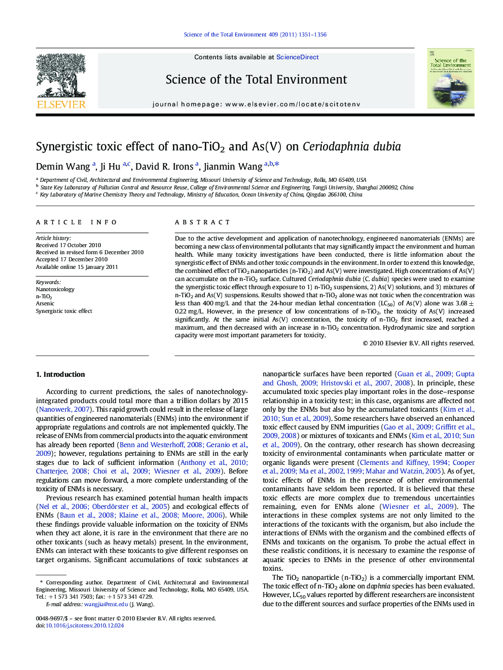 Synergistic toxic effect of nano-TiO2 and As(V) on Ceriodaphnia dubia