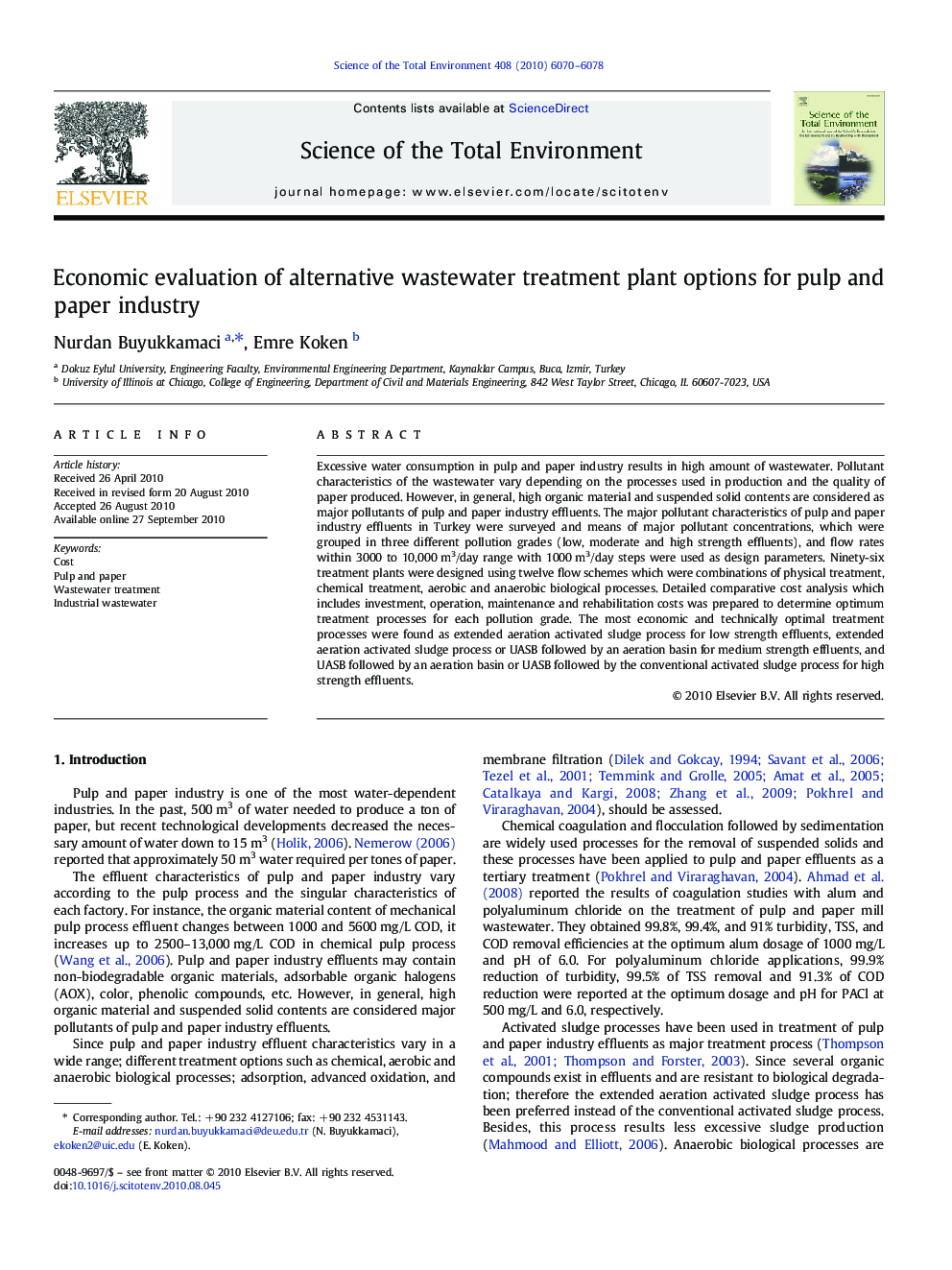 Economic evaluation of alternative wastewater treatment plant options for pulp and paper industry