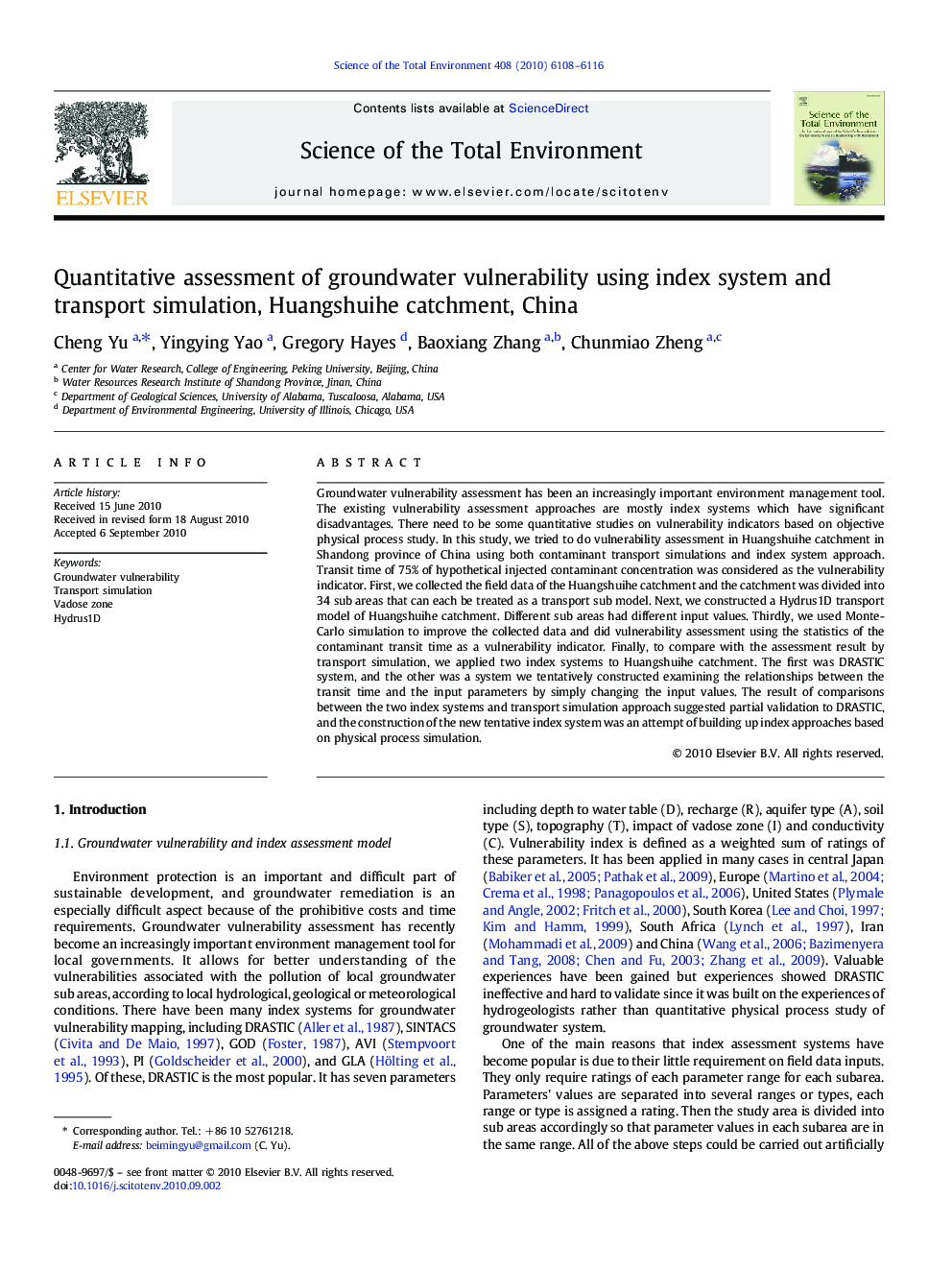 Quantitative assessment of groundwater vulnerability using index system and transport simulation, Huangshuihe catchment, China