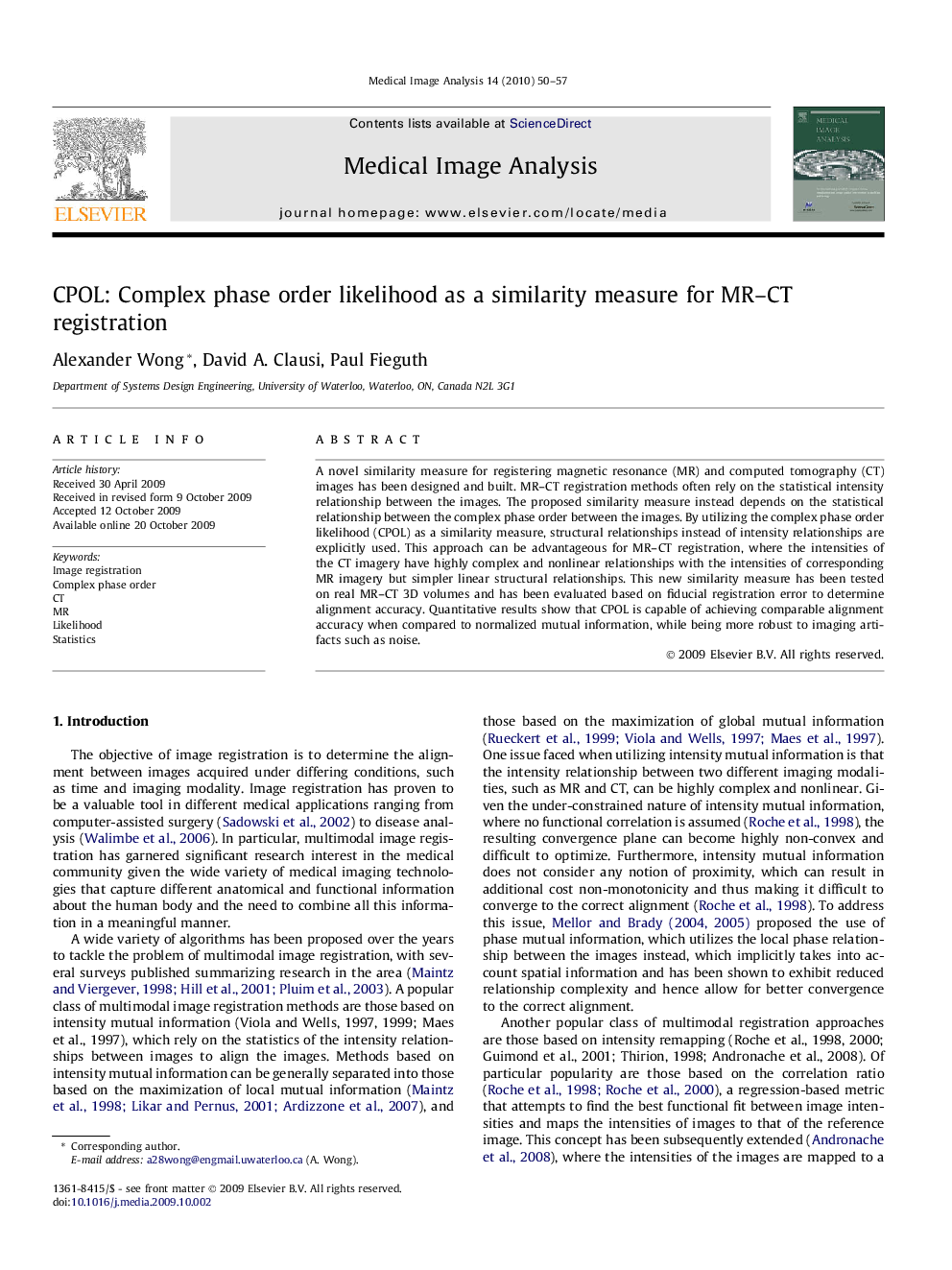 CPOL: Complex phase order likelihood as a similarity measure for MR–CT registration