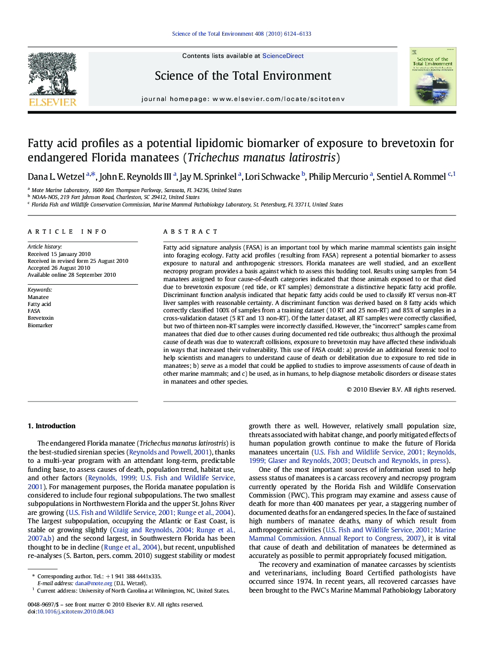 Fatty acid profiles as a potential lipidomic biomarker of exposure to brevetoxin for endangered Florida manatees (Trichechus manatus latirostris)