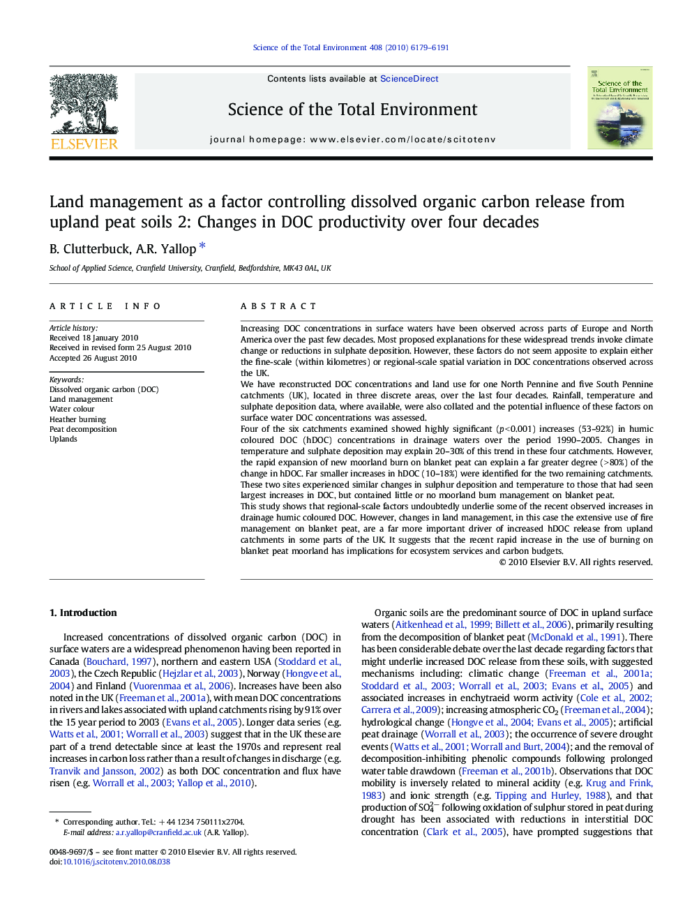 Land management as a factor controlling dissolved organic carbon release from upland peat soils 2: Changes in DOC productivity over four decades