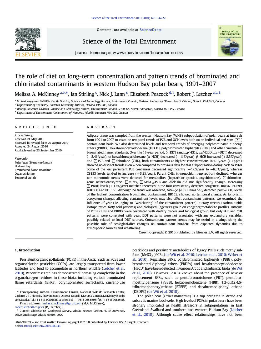 The role of diet on long-term concentration and pattern trends of brominated and chlorinated contaminants in western Hudson Bay polar bears, 1991–2007