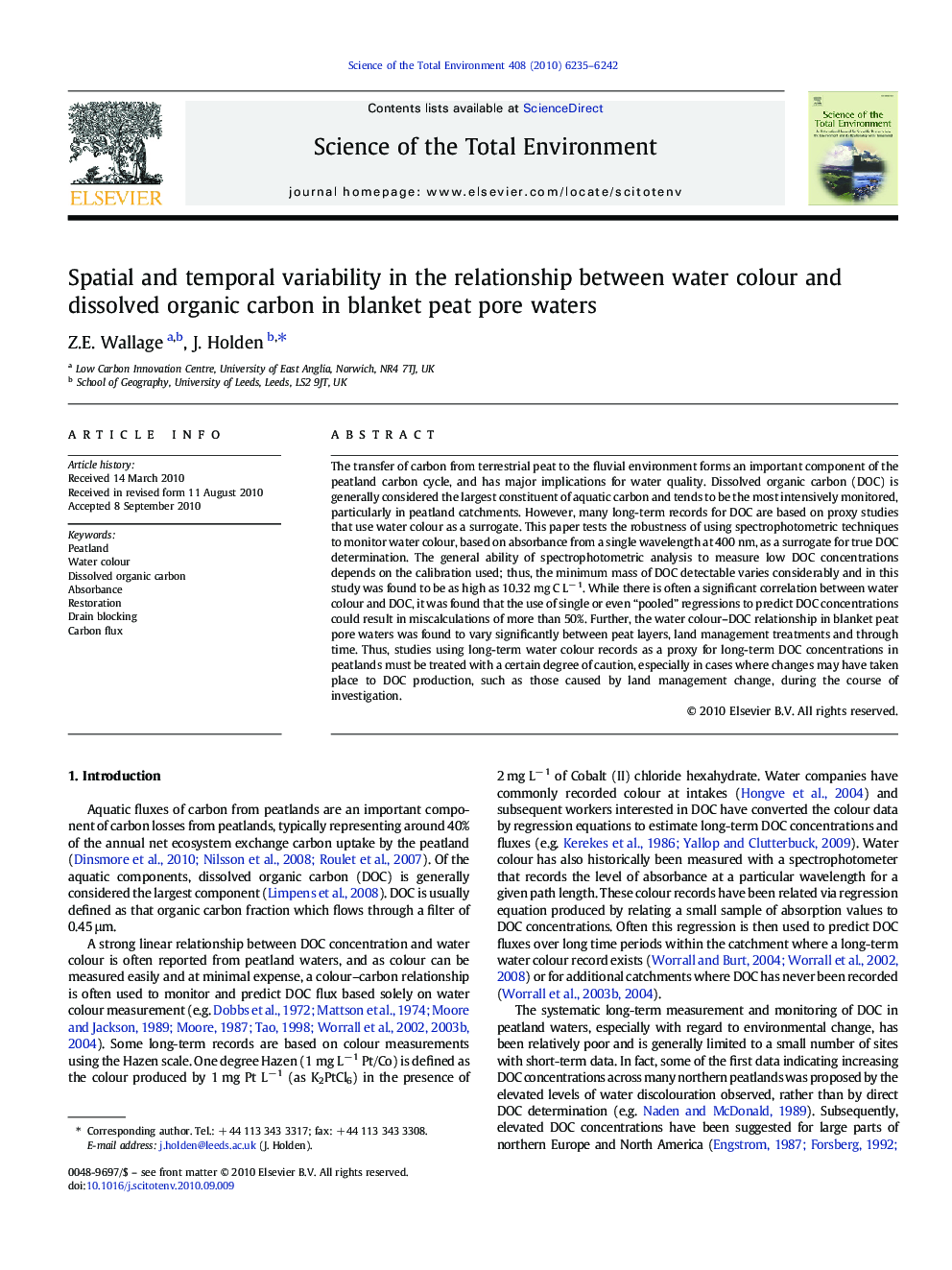 Spatial and temporal variability in the relationship between water colour and dissolved organic carbon in blanket peat pore waters