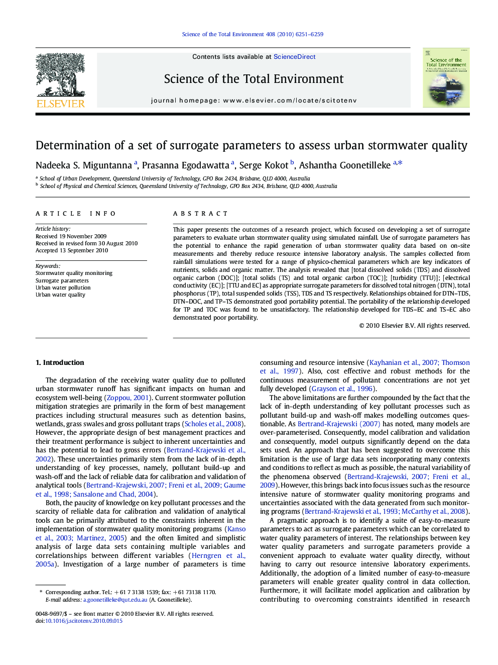 Determination of a set of surrogate parameters to assess urban stormwater quality