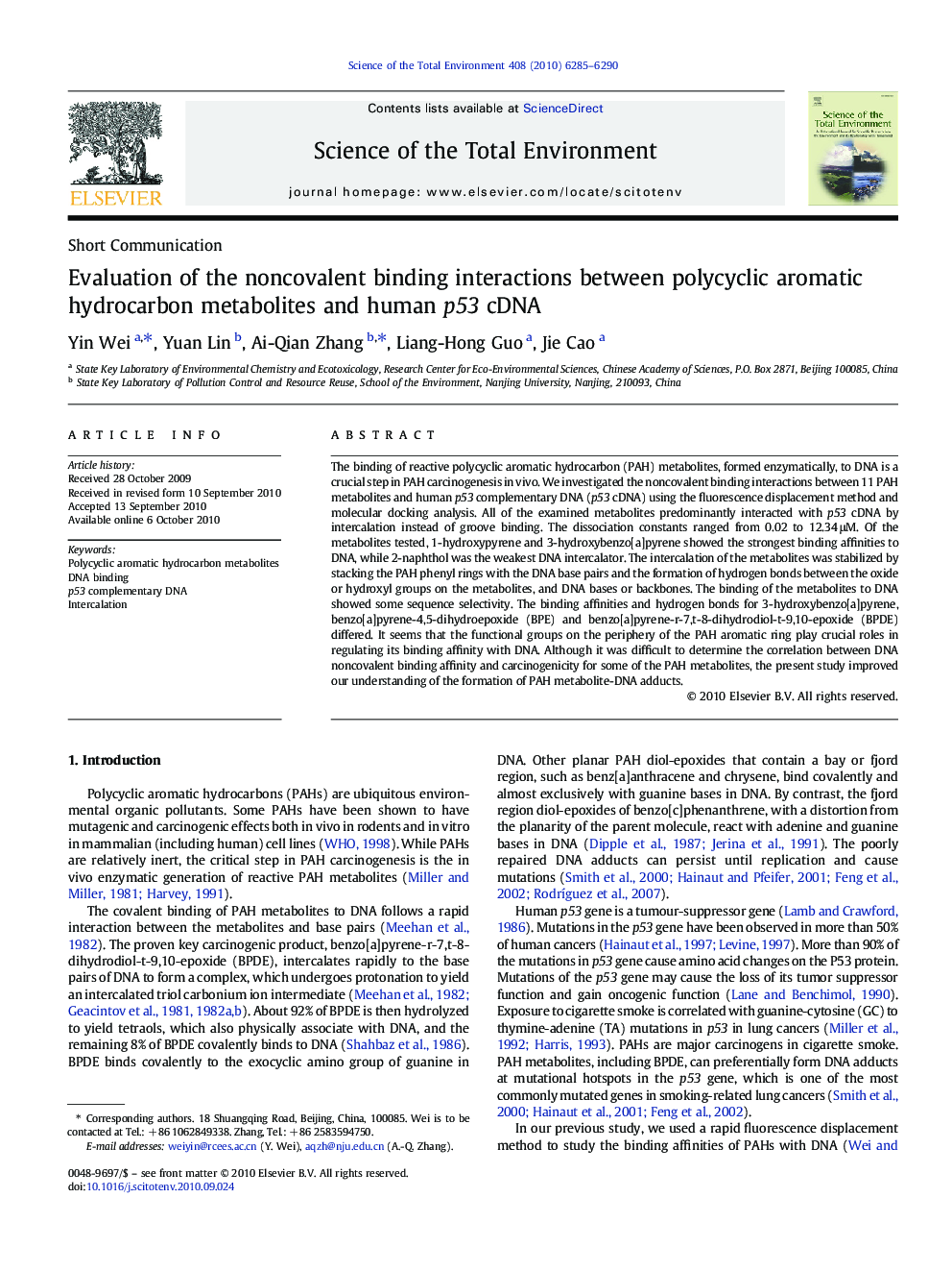 Evaluation of the noncovalent binding interactions between polycyclic aromatic hydrocarbon metabolites and human p53 cDNA