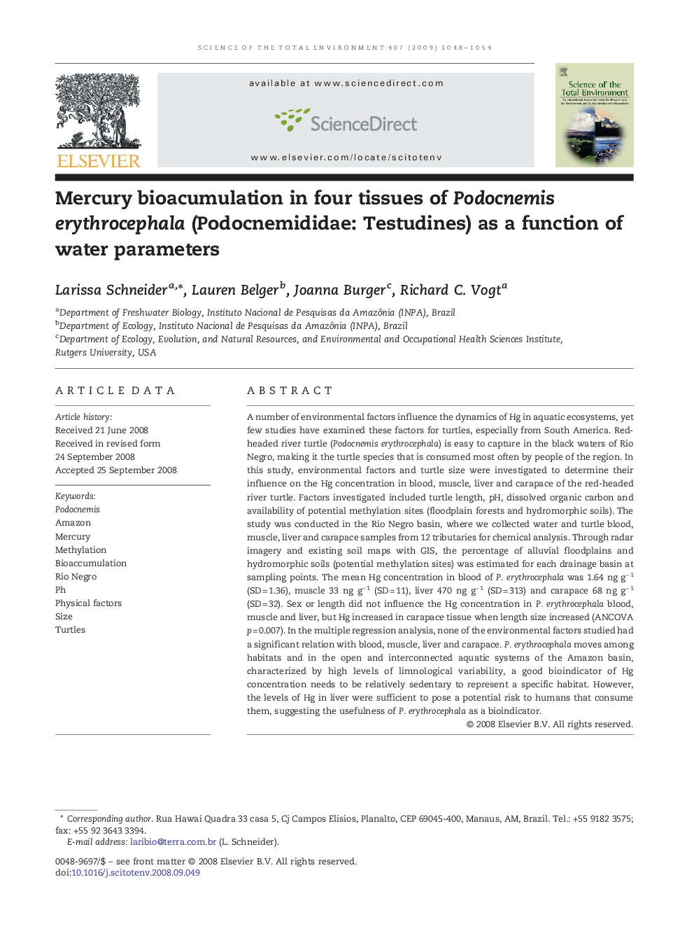 Mercury bioacumulation in four tissues of Podocnemis erythrocephala (Podocnemididae: Testudines) as a function of water parameters