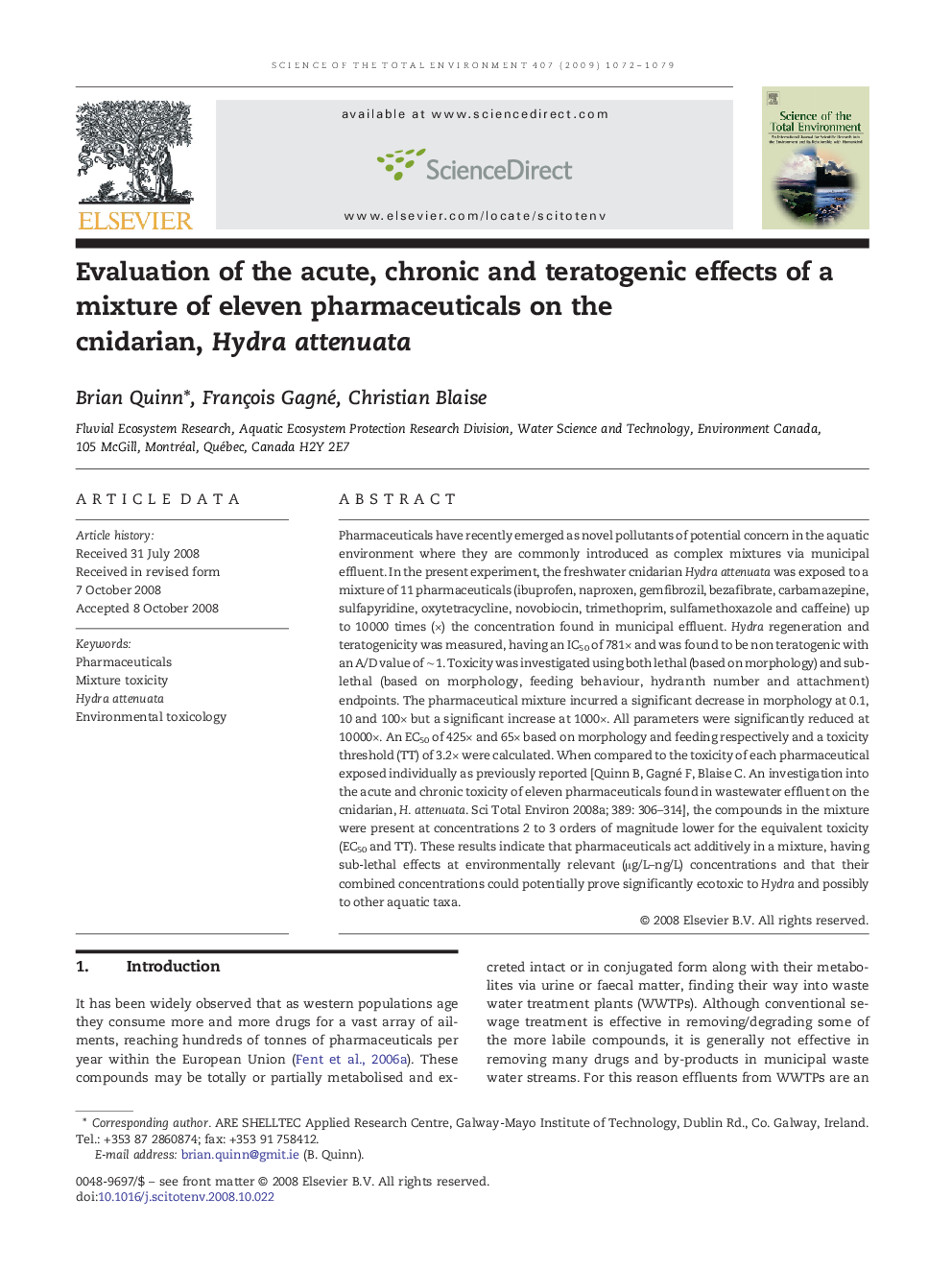 عکس صفحه اول مقاله: Evaluation of the acute, chronic and teratogenic effects of a mixture of eleven pharmaceuticals on the cnidarian, Hydra attenuata Evaluation of the acute, chronic and teratogenic effects of a mixture of eleven pharmaceuticals on the cnidarian, Hydra attenuata