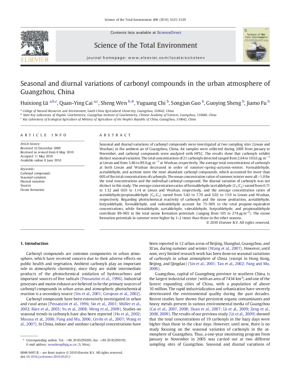 Seasonal and diurnal variations of carbonyl compounds in the urban atmosphere of Guangzhou, China