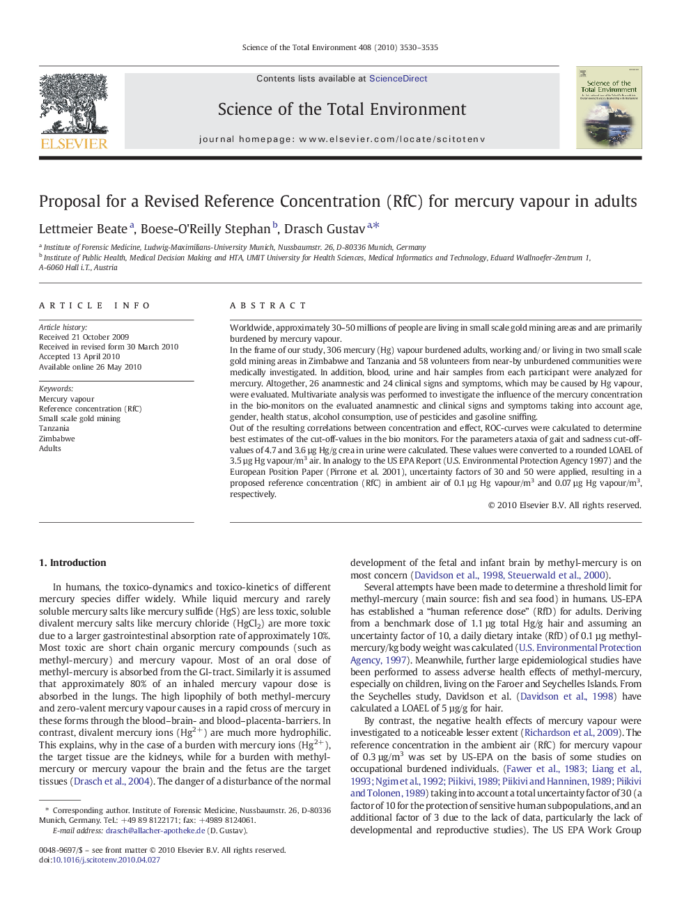 Proposal for a Revised Reference Concentration (RfC) for mercury vapour in adults