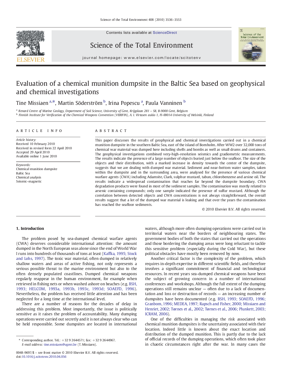 Evaluation of a chemical munition dumpsite in the Baltic Sea based on geophysical and chemical investigations