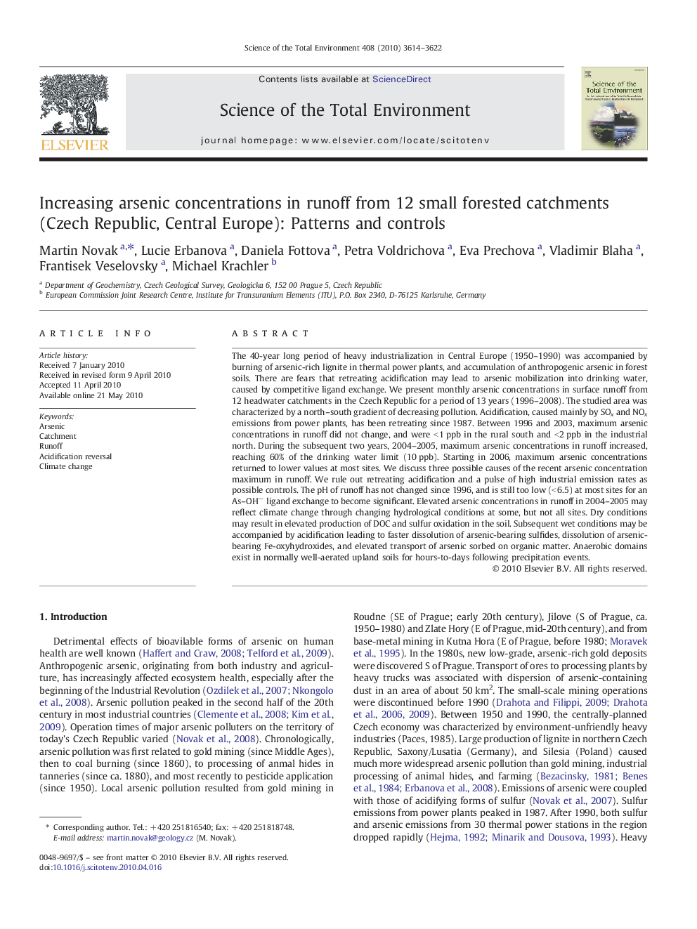 Increasing arsenic concentrations in runoff from 12 small forested catchments (Czech Republic, Central Europe): Patterns and controls