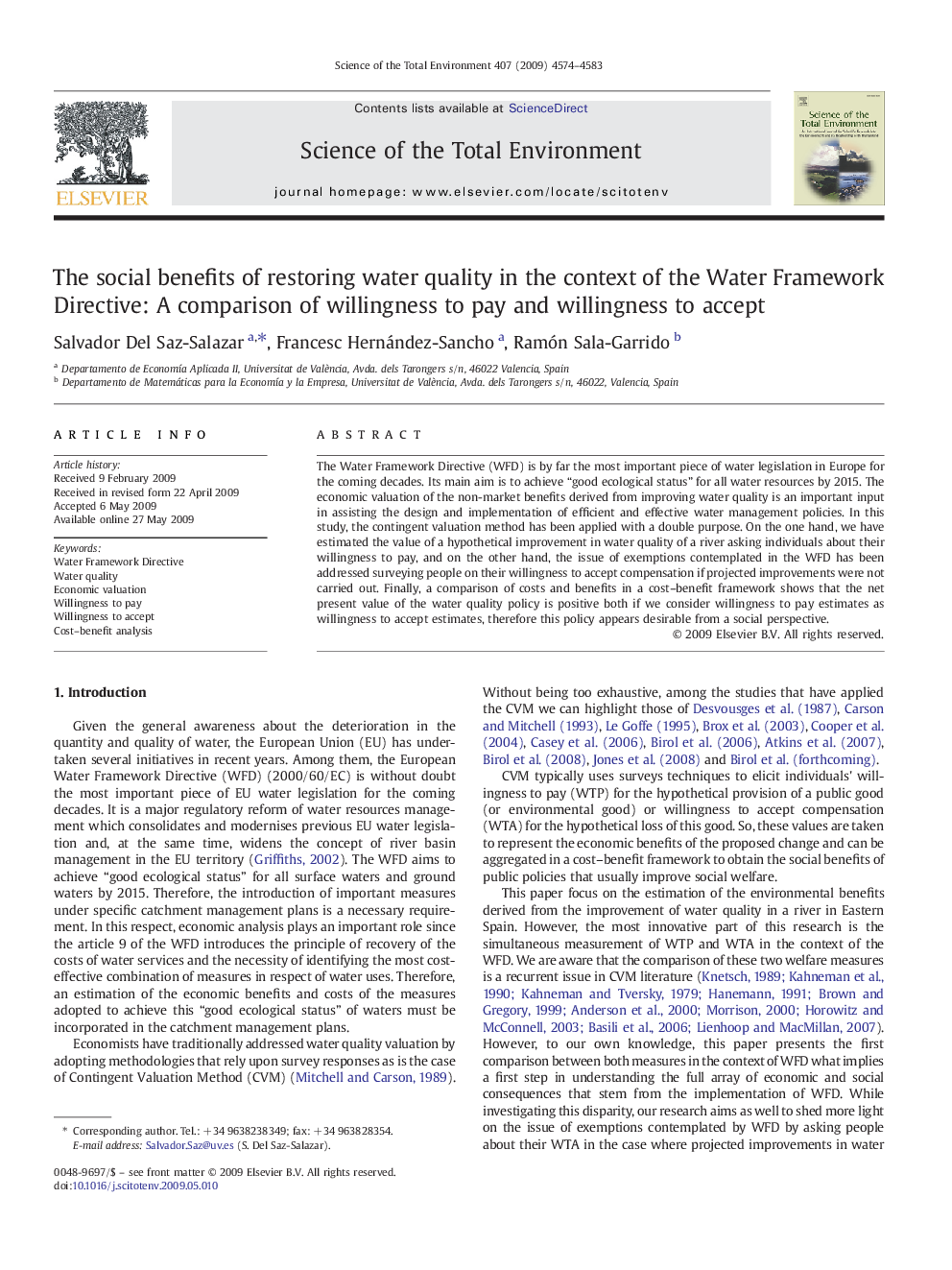 The social benefits of restoring water quality in the context of the Water Framework Directive: A comparison of willingness to pay and willingness to accept