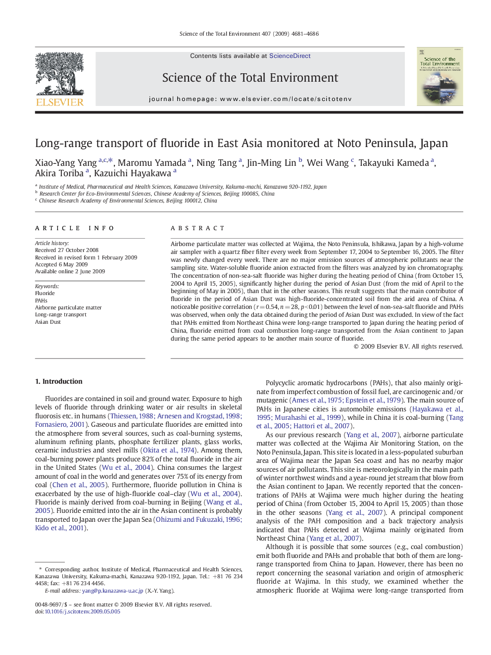 Long-range transport of fluoride in East Asia monitored at Noto Peninsula, Japan