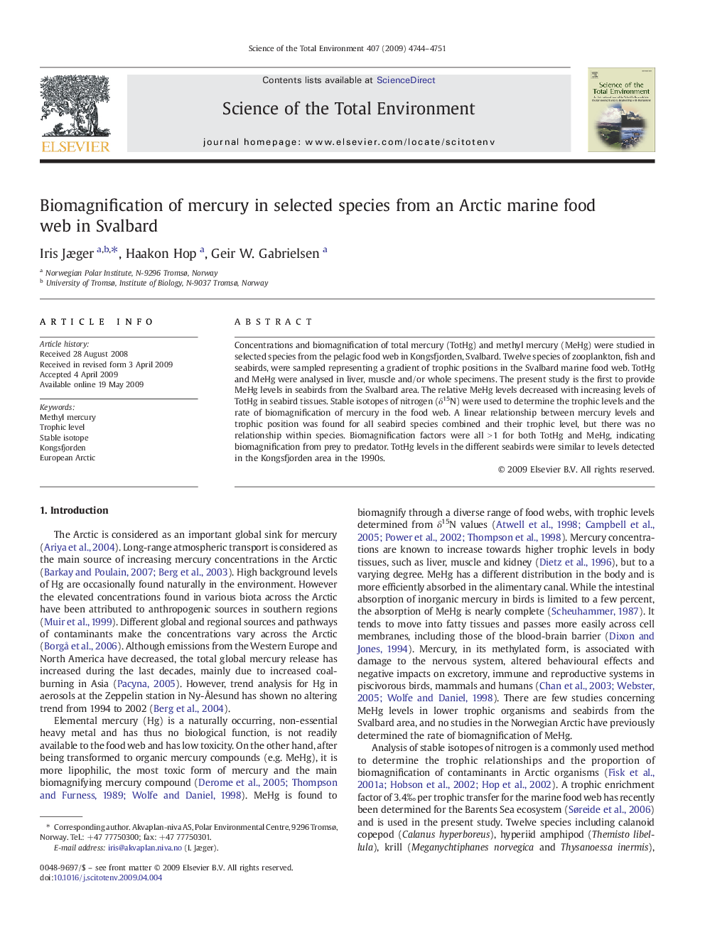 Biomagnification of mercury in selected species from an Arctic marine food web in Svalbard