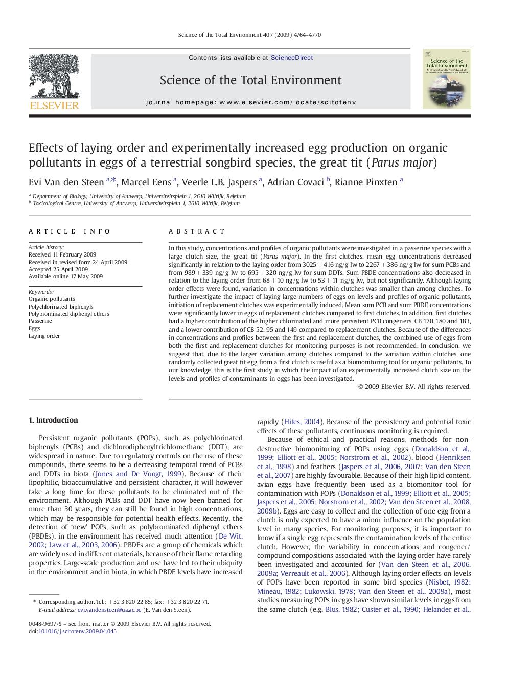 Effects of laying order and experimentally increased egg production on organic pollutants in eggs of a terrestrial songbird species, the great tit (Parus major)