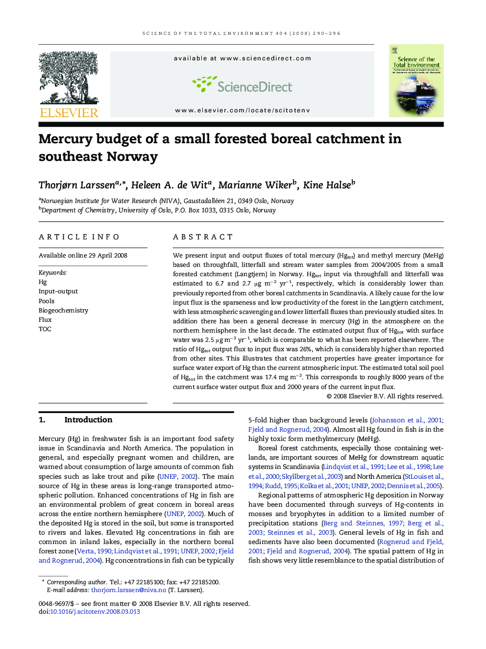Mercury budget of a small forested boreal catchment in southeast Norway