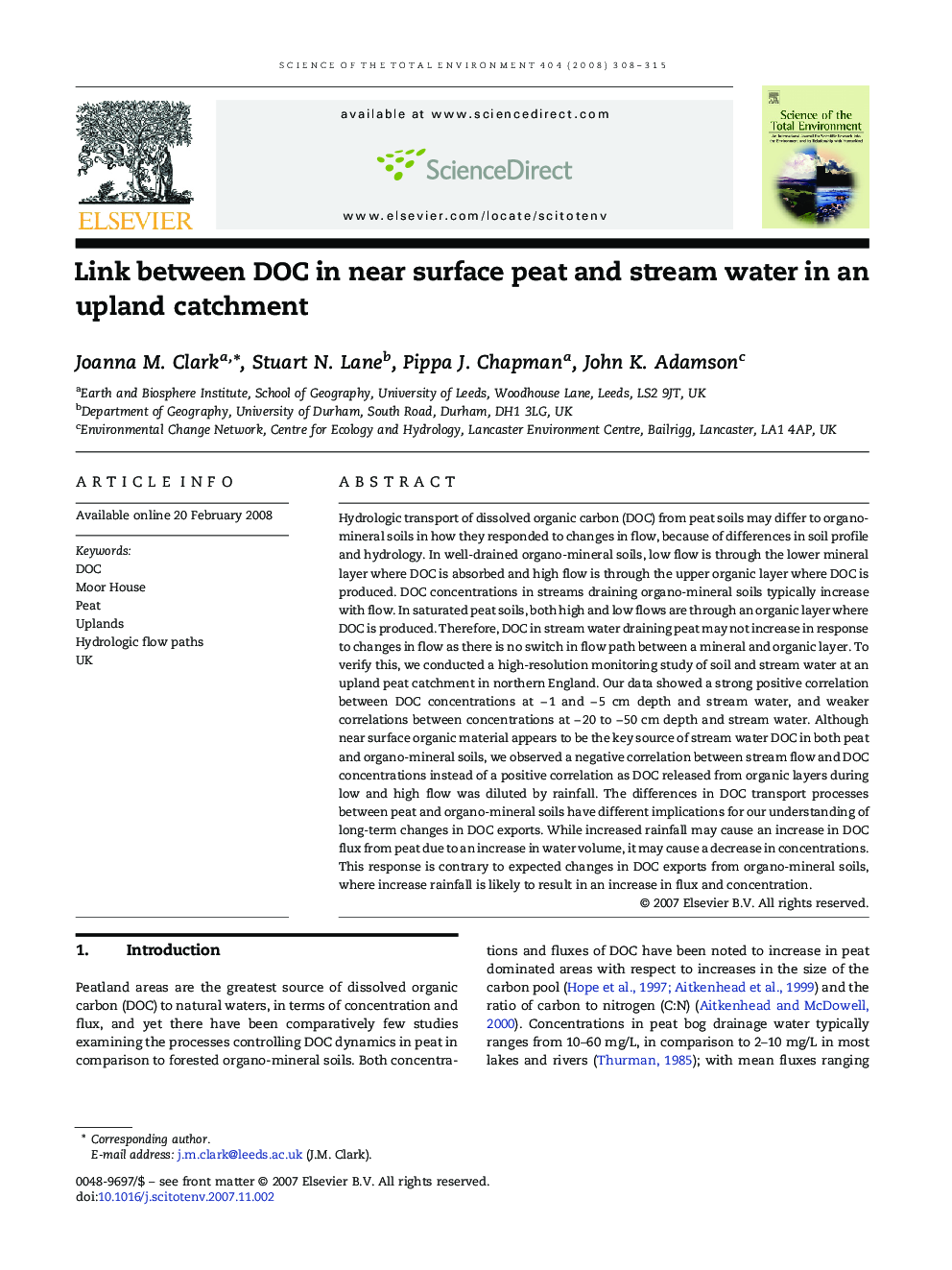 Link between DOC in near surface peat and stream water in an upland catchment