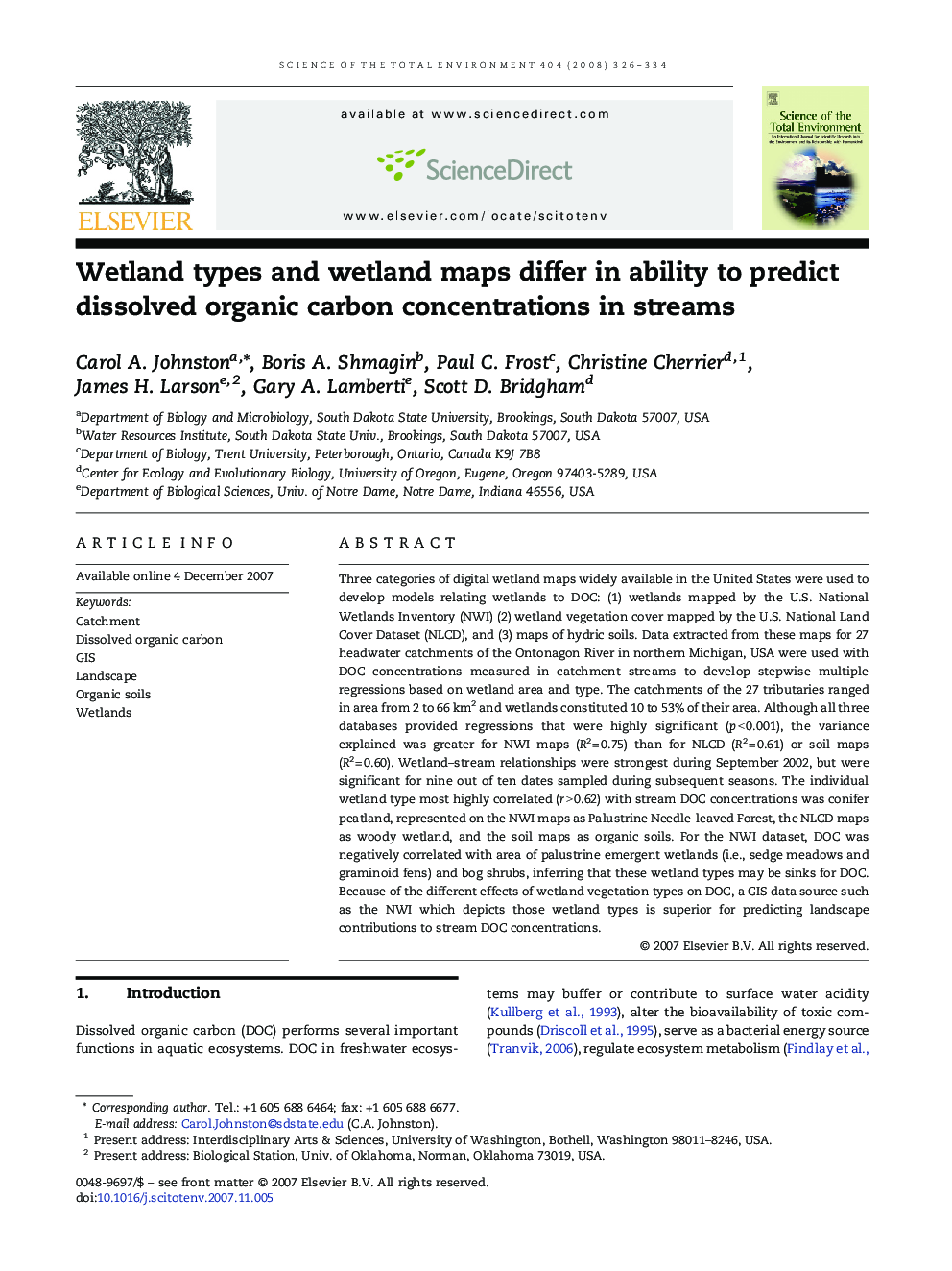 Wetland types and wetland maps differ in ability to predict dissolved organic carbon concentrations in streams