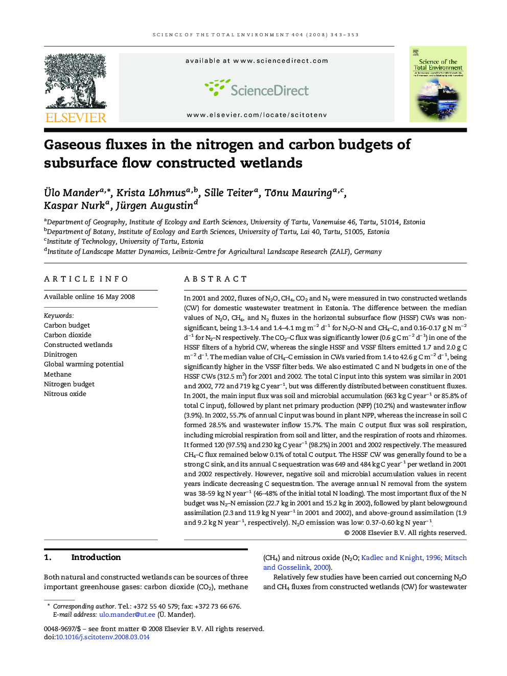 Gaseous fluxes in the nitrogen and carbon budgets of subsurface flow constructed wetlands