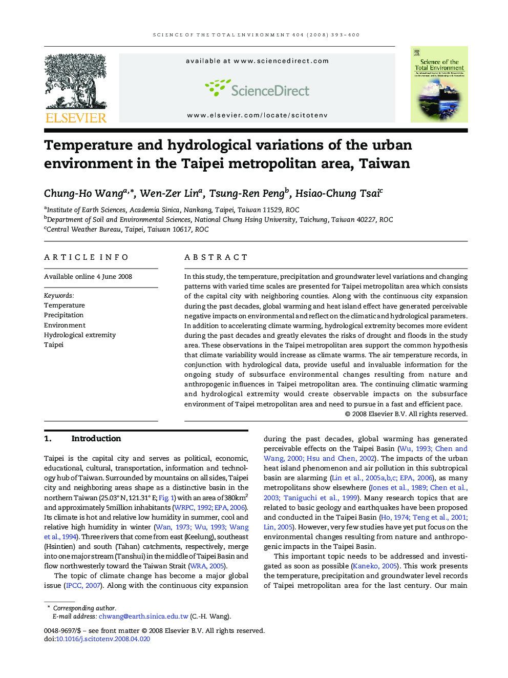 Temperature and hydrological variations of the urban environment in the Taipei metropolitan area, Taiwan