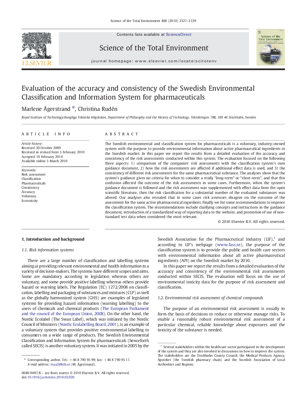 Evaluation of the accuracy and consistency of the Swedish Environmental Classification and Information System for pharmaceuticals