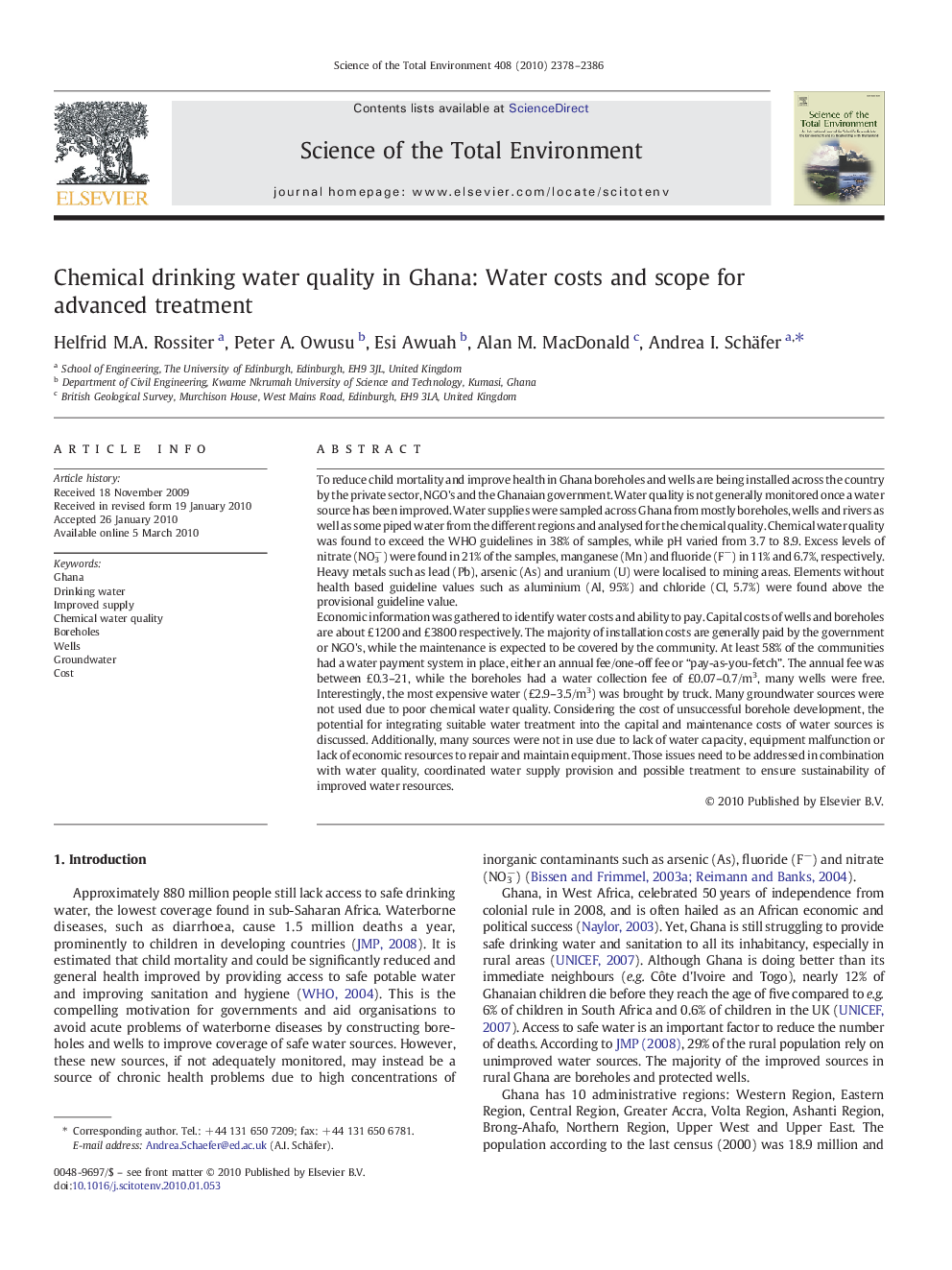 Chemical drinking water quality in Ghana: Water costs and scope for advanced treatment