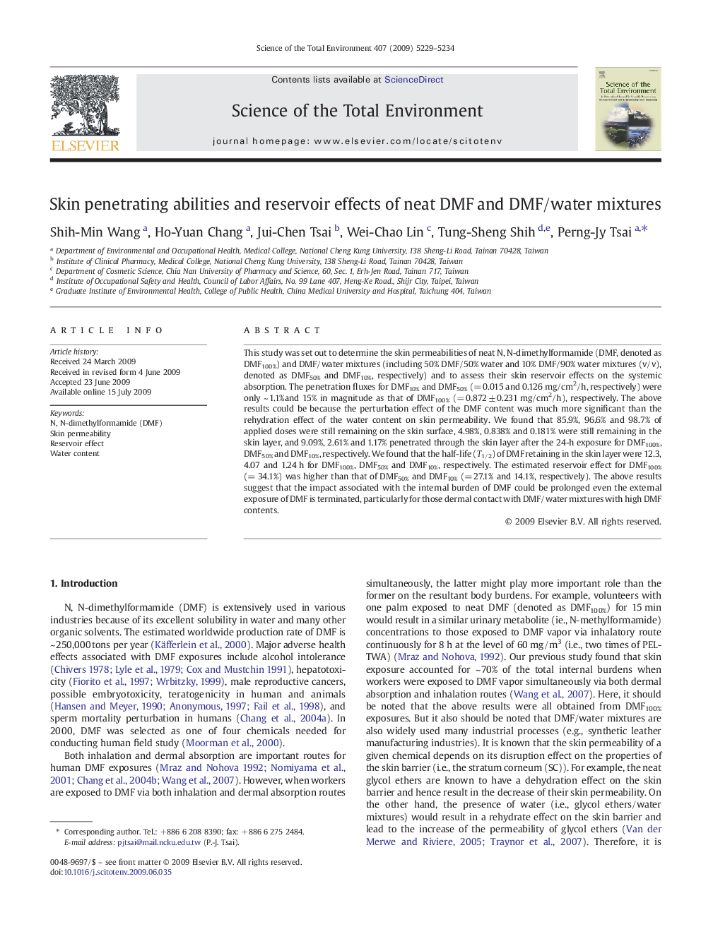 Skin penetrating abilities and reservoir effects of neat DMF and DMF/water mixtures