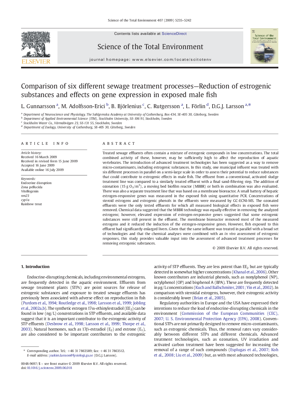 Comparison of six different sewage treatment processes—Reduction of estrogenic substances and effects on gene expression in exposed male fish