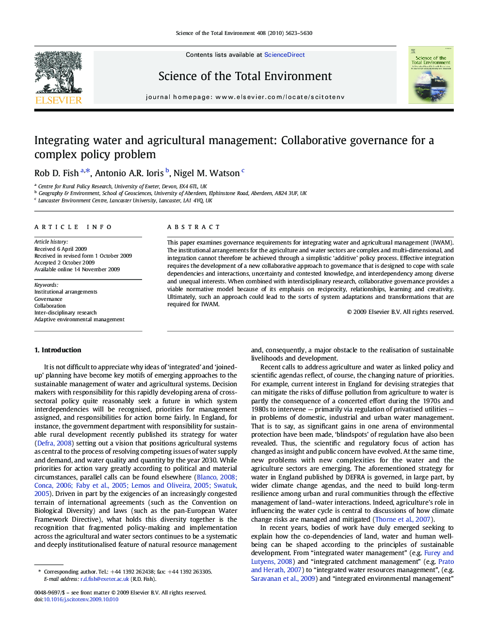 Integrating water and agricultural management: Collaborative governance for a complex policy problem