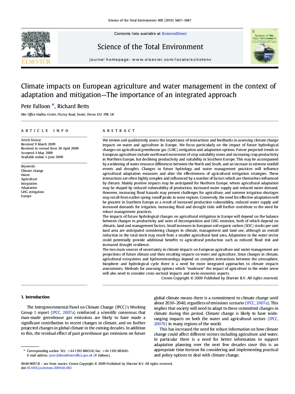 Climate impacts on European agriculture and water management in the context of adaptation and mitigation—The importance of an integrated approach