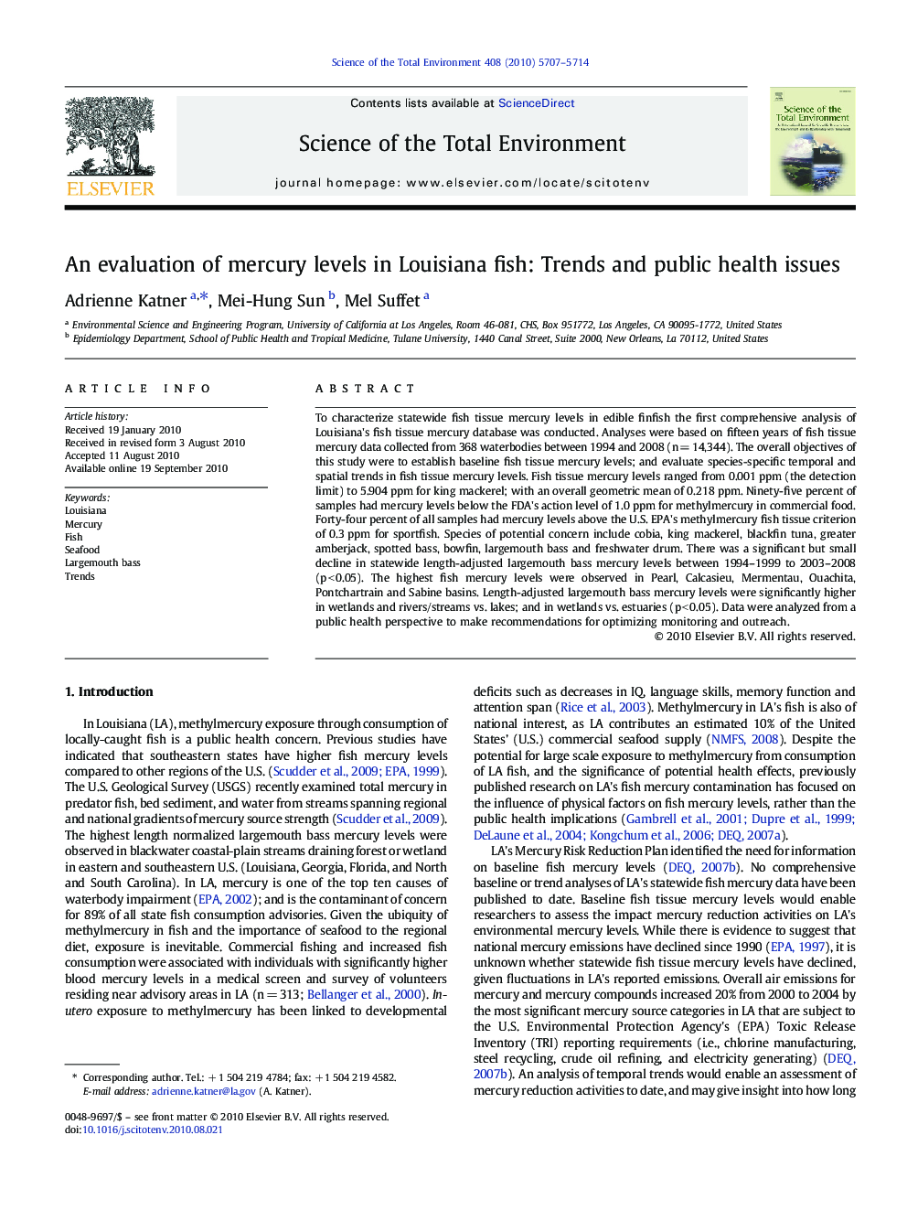 An evaluation of mercury levels in Louisiana fish: Trends and public health issues