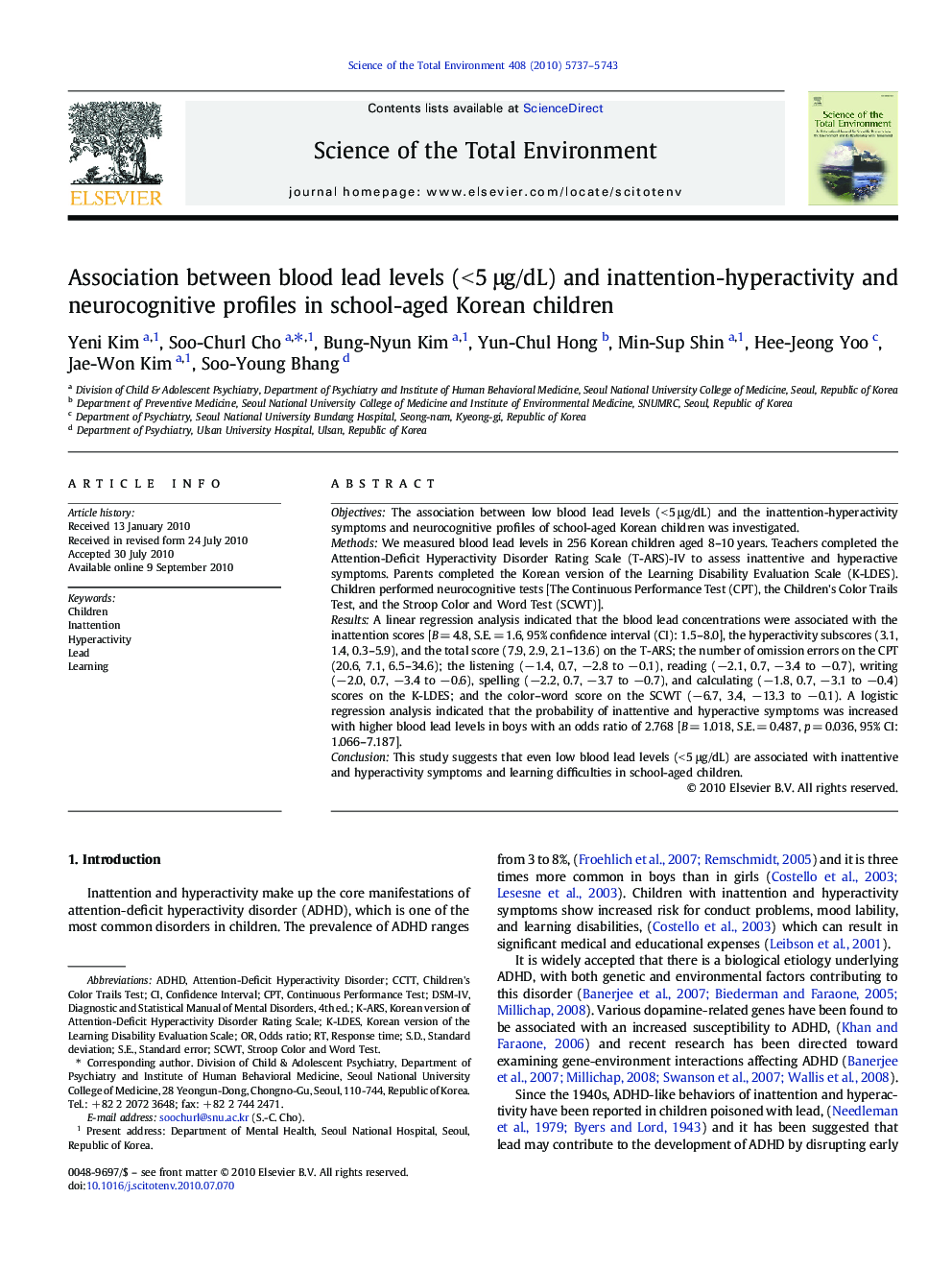 Association between blood lead levels (< 5 μg/dL) and inattention-hyperactivity and neurocognitive profiles in school-aged Korean children