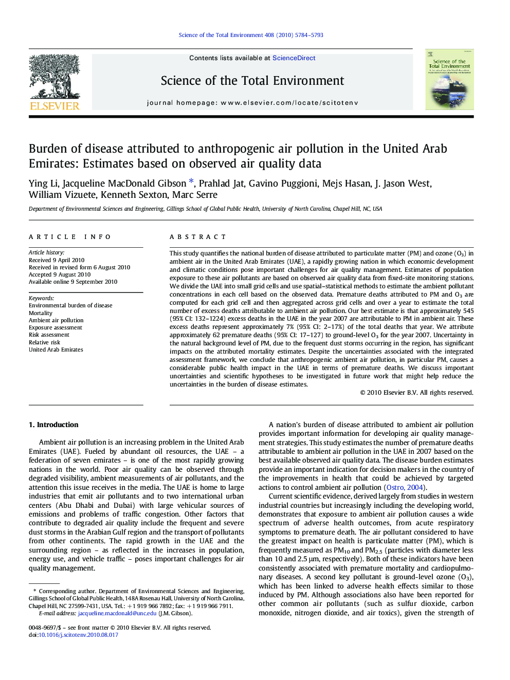 Burden of disease attributed to anthropogenic air pollution in the United Arab Emirates: Estimates based on observed air quality data