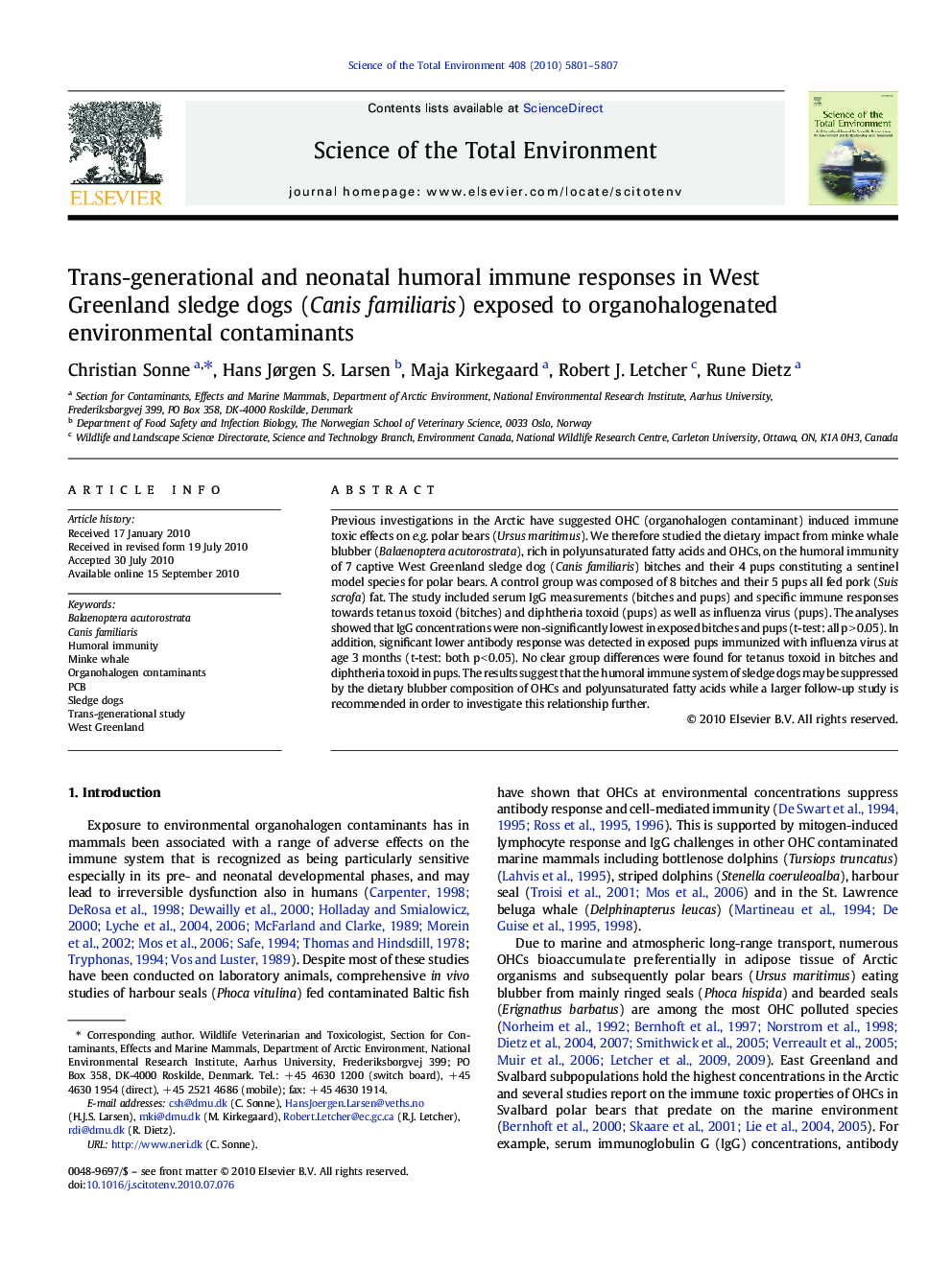 Trans-generational and neonatal humoral immune responses in West Greenland sledge dogs (Canis familiaris) exposed to organohalogenated environmental contaminants