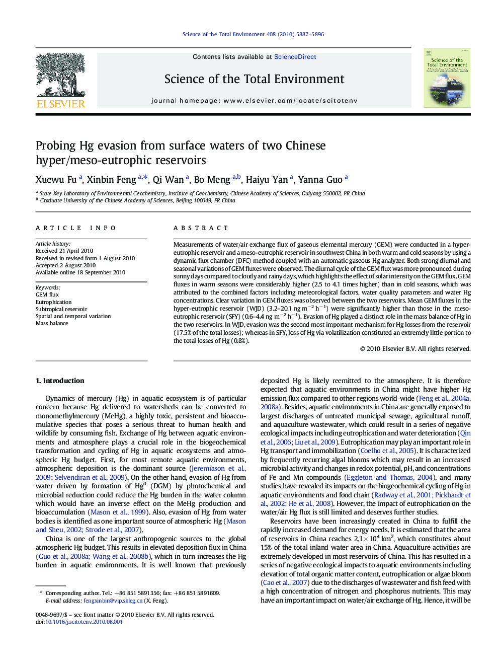 Probing Hg evasion from surface waters of two Chinese hyper/meso-eutrophic reservoirs