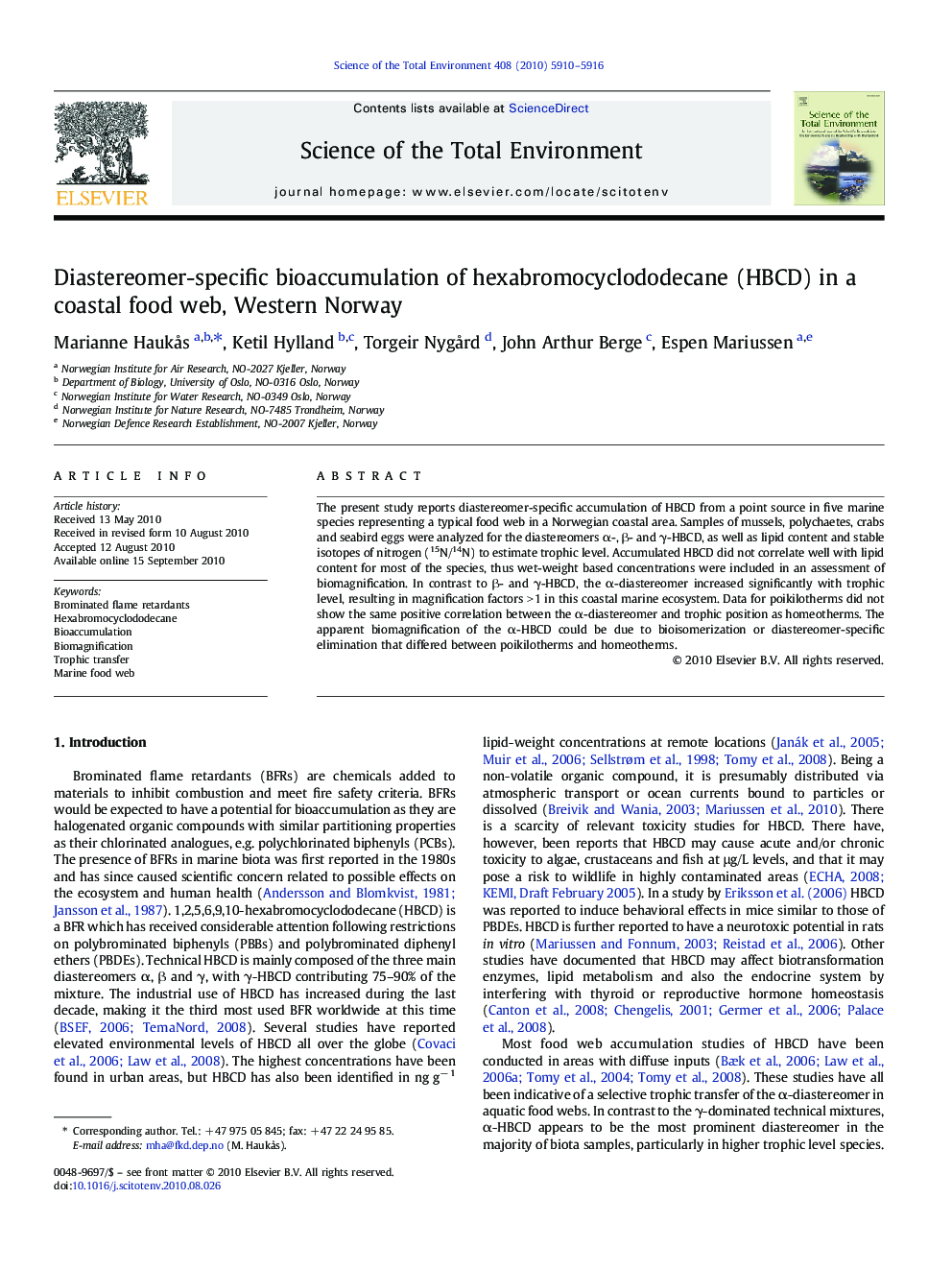 Diastereomer-specific bioaccumulation of hexabromocyclododecane (HBCD) in a coastal food web, Western Norway