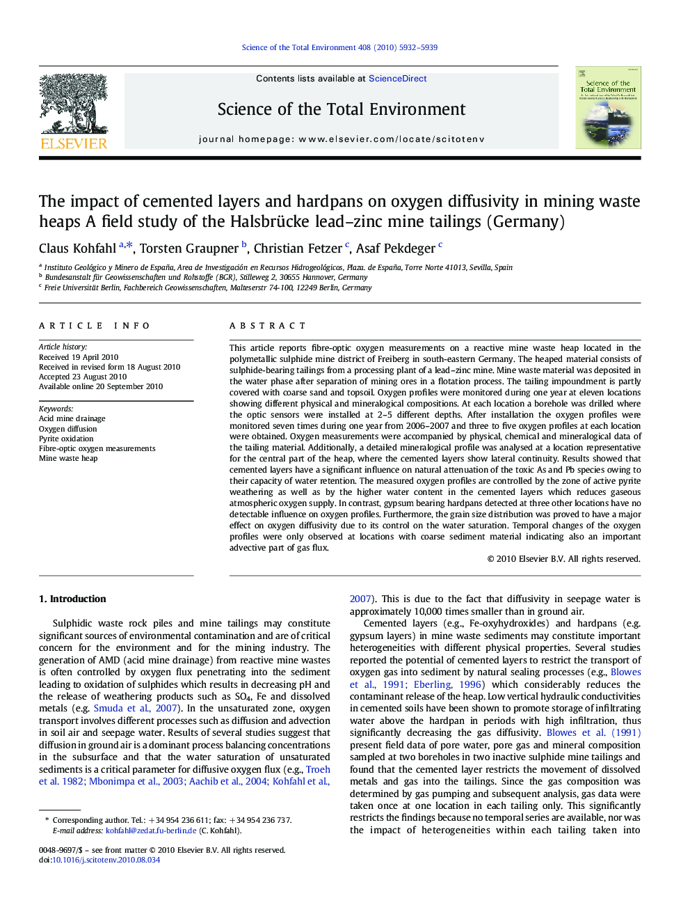 The impact of cemented layers and hardpans on oxygen diffusivity in mining waste heaps A field study of the Halsbrücke lead–zinc mine tailings (Germany)