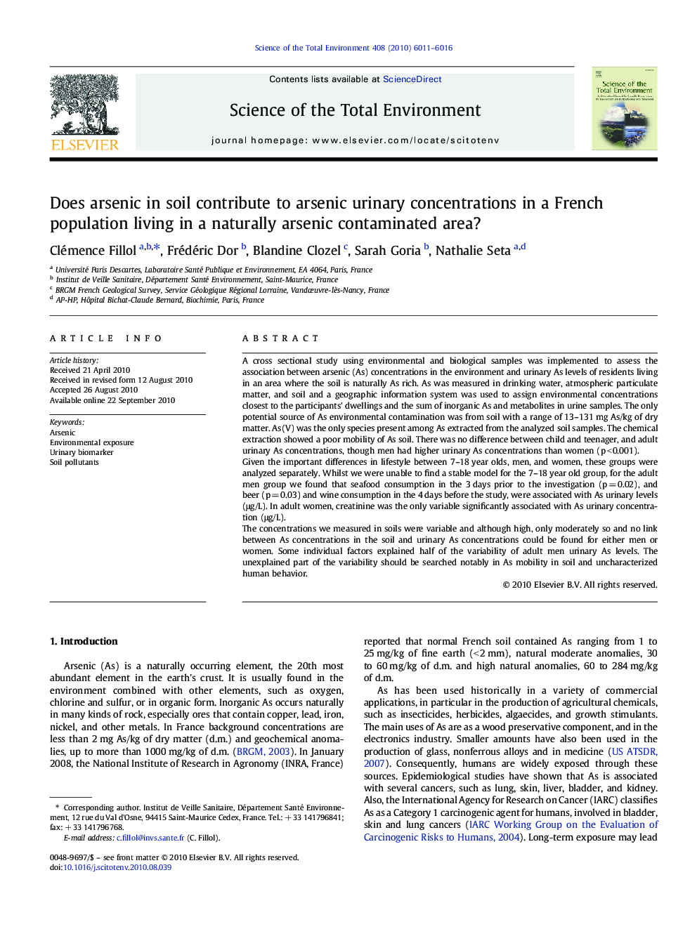 عکس صفحه اول مقاله: Does arsenic in soil contribute to arsenic urinary concentrations in a French population living in a naturally arsenic contaminated area? Does arsenic in soil contribute to arsenic urinary concentrations in a French population living in a naturally arsenic contaminated area?
